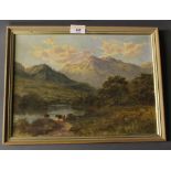 A 20th century oil on board, traditional Lakeland scene with cattle, gilt framed, 23.