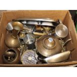 A box of mixed metalware including an Indian engraved brass lidded jar and cover decorated in red