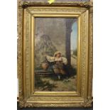 A 19th century probably continental oil painting depicting a seated women by a water fountain