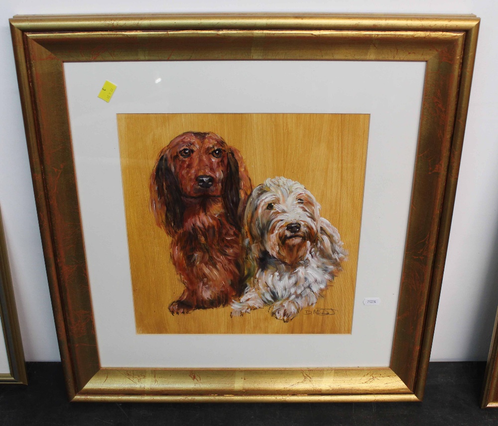 20th century acrylic painting - portrait of a Dachshund and long haired terrier,