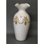 An early 20th century cased satin glass baluster vase, with trefoil rim,