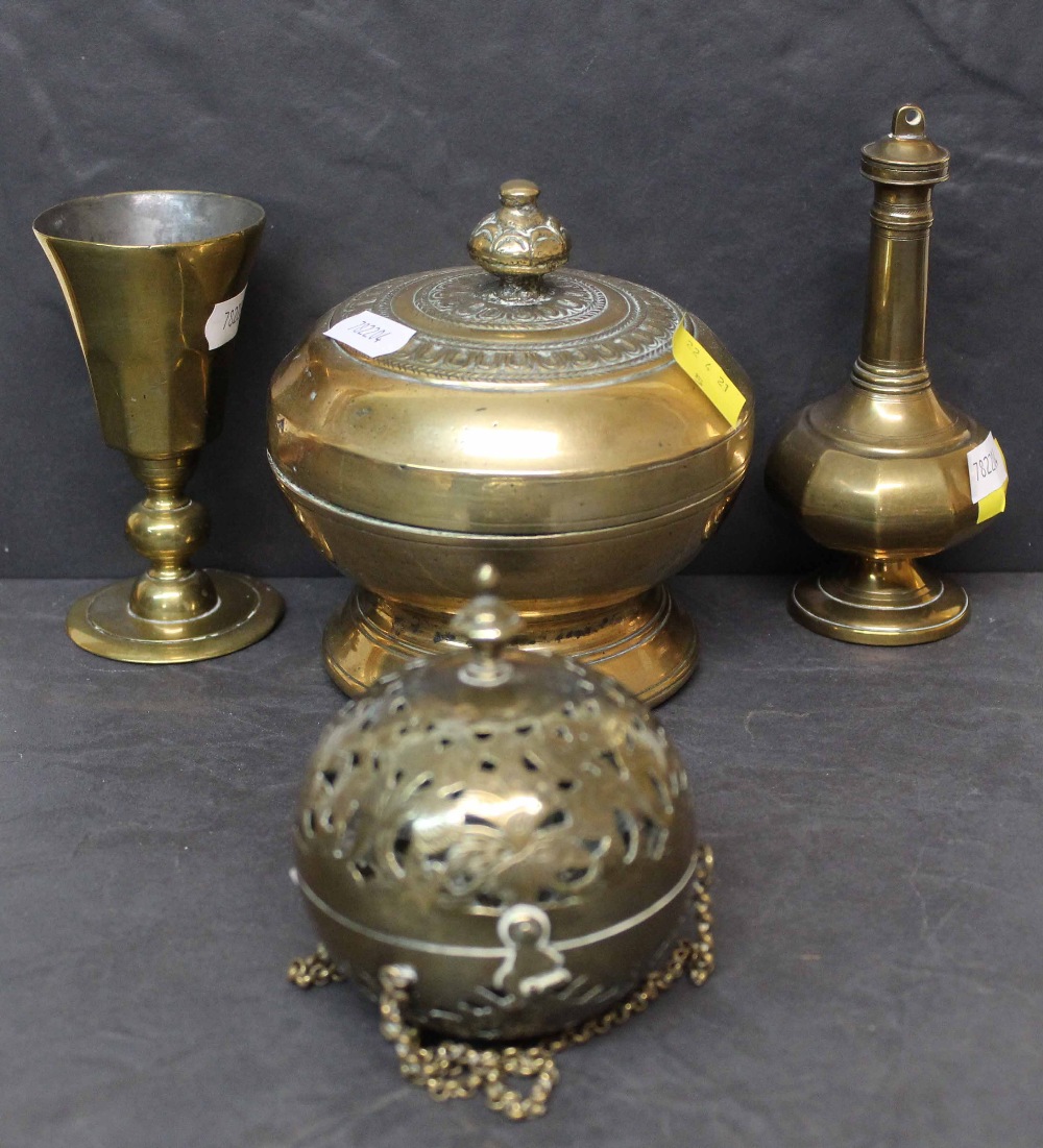 Three pieces of early 19th Century brassware of Catholic interest comprising - travelling communion