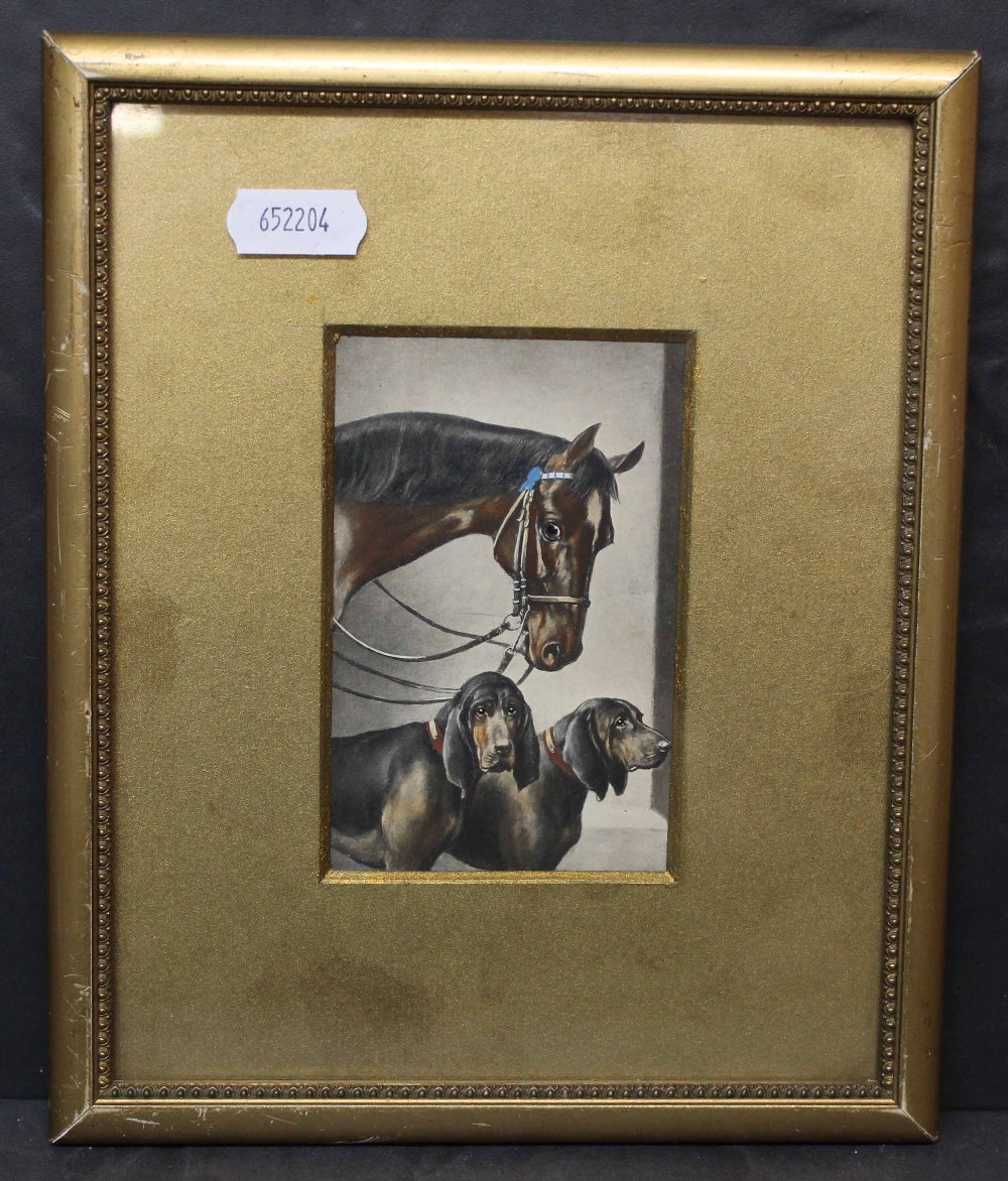 Three late Victorian coloured prints depicting dogs and horses each 10 x 7 cm in gilt frames and - Image 3 of 3