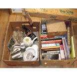 Three boxes of decorative items, books and jigsaw puzzles etc,