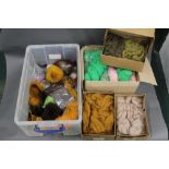 Five boxes of fox tails (dyed), wool, seal fur Dubbin etc.