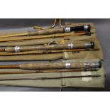 Three rods John Robertson of Newcastle, split cane trout fly rod in two sections, 8' 5", J.B.