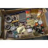 A box lot containing Star Backed wooden fishing reels, vintage extending gaff,