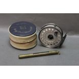 Hardy The Viscount 130 trout fly reel, with leatherette pouch and a Hardy thermometer.