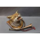 Taxidermy - A fox mask mounted on a pine shield, shield length 22 cm,