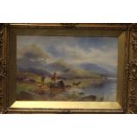 N B James circa 1900 an oil on board, depicting red stag and hind in a Highland landscape by a loch.
