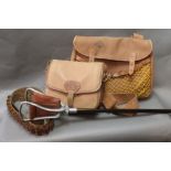 Brady a game bag cartridge bag, together with a leather cartridge belt and a shooting stick.