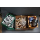 Four boxes of cork rod handles, alloy rod handle parts, various threads etc.