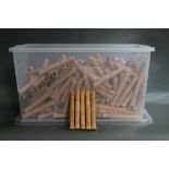 A large plastic box filled with cork fly rod handles, internal diameter 16 mm, length 20.5 cm.
