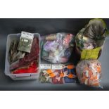 A box and three bags of fly tying materials, to include McHardys of Carlisle guinea fowl feathers,