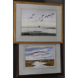 David E Wardle, two watercolours titled "Pink Feet Over Rockcliffe Marsh" and "Morning Mist",