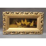 A Jackson, an oil painting on board of four chickens, 10 x 39 cm, in an ornate gilt frame.