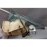 A vintage tackle bag, together with a folding landing net stamped Made in England,