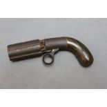 J R Coopers Patent six shot pepperbox percussion pistol, having 3" barrels, overall length 18.5 cm.