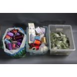 Two boxes and a bag of fly tying materials, to include threads, Ultra Flash tinsel,