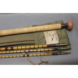 W.R. Pape Newcastle on Tyne, a split cane salmon fly rod, in three sections with two tips, 14' 3".