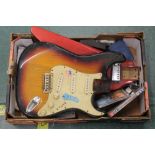 A Fender S-1 electric guitar body, one other electric guitar body and mixed guitar items.