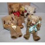 A group of four Merrythought teddy bears, two named as "Sarah Darby" and "Deborah Darby",