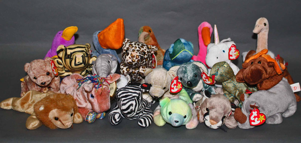 A group of 45 TY Beanie baby animal's, mostly all with swing tags and tush tags.