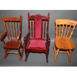 A group of three miniature chairs, of various styles and forms, suitable for dolls or teddy bears,