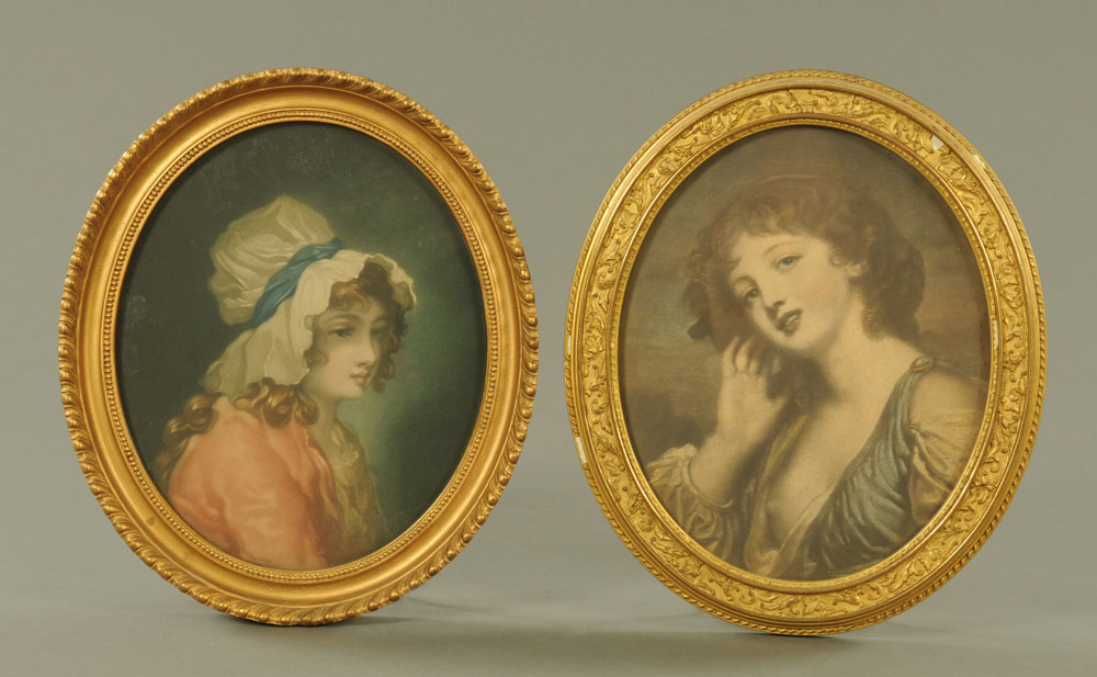 Two early 20th century coloured mezzotints, half length portraits of ladies.