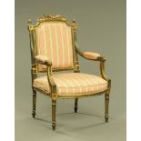 A 19th century green painted and parcel gilt open armchair of French design,