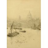 William Lionel Wyllie, signed etching St Pauls from the Thames. 36 cm x 24.5 cm, framed.