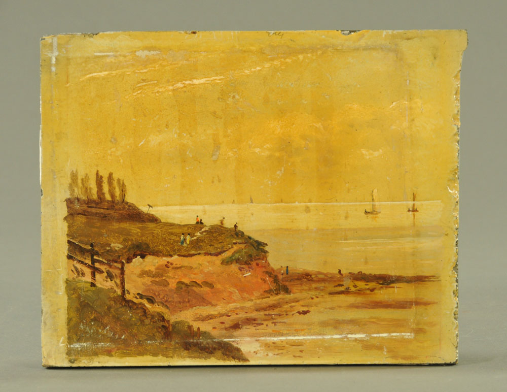 A 19th century Welsh oil painting on slate - coastal scene with fishing boats to horizon and