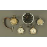 A vintage car clock together with three pocket watches and a stopwatch.