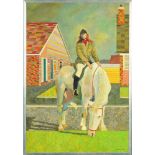 Audrey Harling (1920-1995), oil painting, portrait of a mounted rider with houses behind,