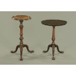 Two mahogany wine tables, one circular the other oval. Tallest 64 cm, diameter 32 cm.