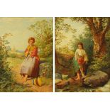 A pair of 19th century oil paintings, girl with fallen bonnet and girl collecting water,