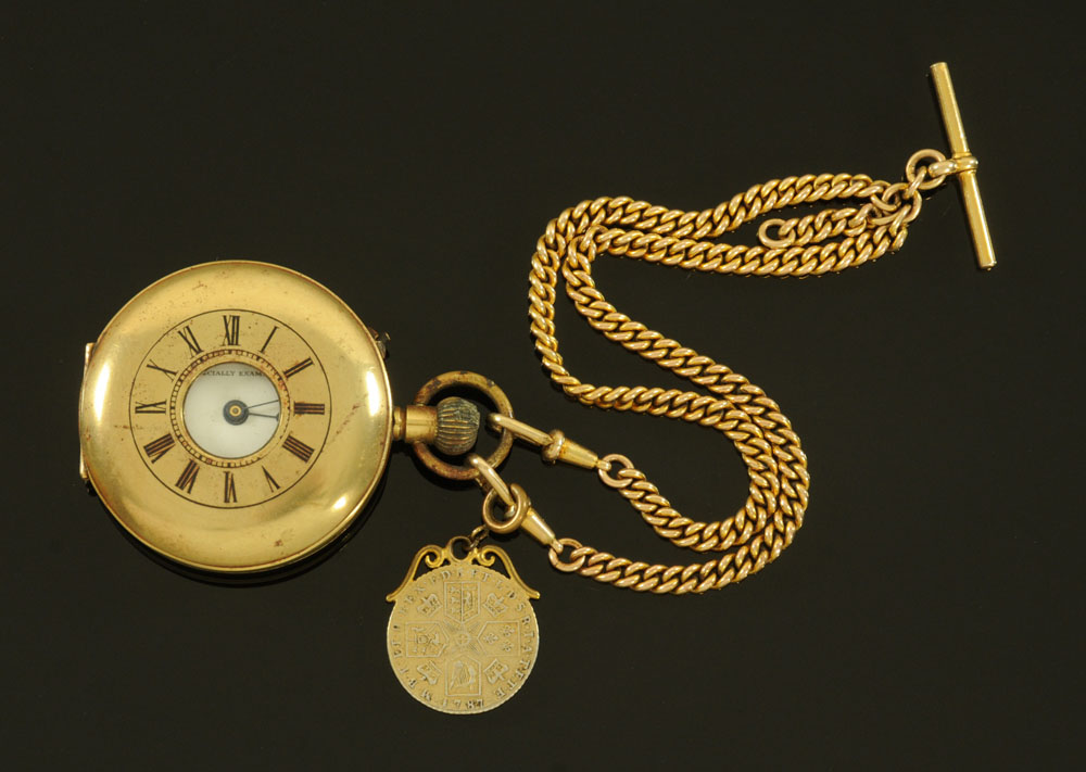 A vintage plated "Superior Time Keeper" half Hunter pocket watch with double Albert chain with 1787 - Image 2 of 2