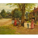 An oil painting on board, Edwardian street scene. 25 cm x 19.5 cm.