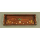 An Eastern rosewood rectangular tray, inlaid with bone and decorated with figures and elephants.