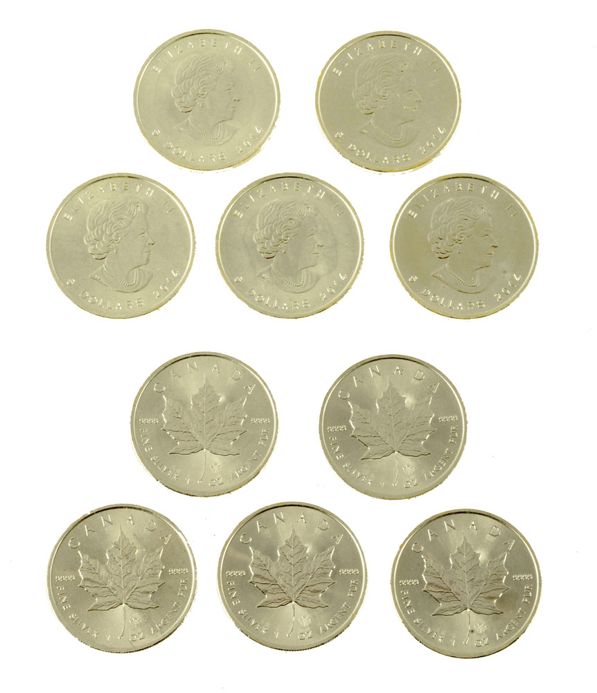 Five Queen Elizabeth II Canadian silver $5 dollar pieces, 2014,