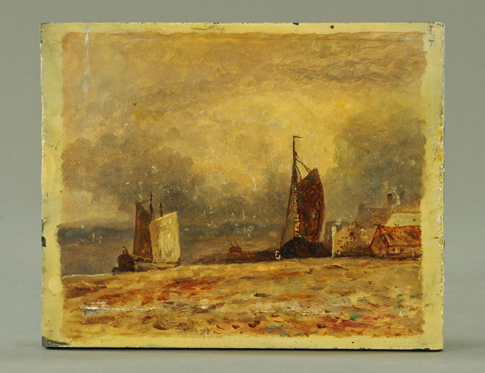 A 19th century Welsh oil painting on slate - fishing boats. 21 x 25.5 cm.