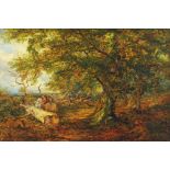 19th century English School oil painting on canvas, figures in wooded landscape.