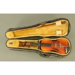 A Chinese "The Stentor Student Violin". Length of back 34 cm, cased and with bow.