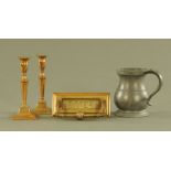 A pair of Regency brass candlesticks, a James Yates pewter tankard and a brass letter box.