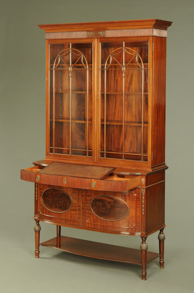 An Edwardian inlaid mahogany combined bookcase and desk, - Image 2 of 8