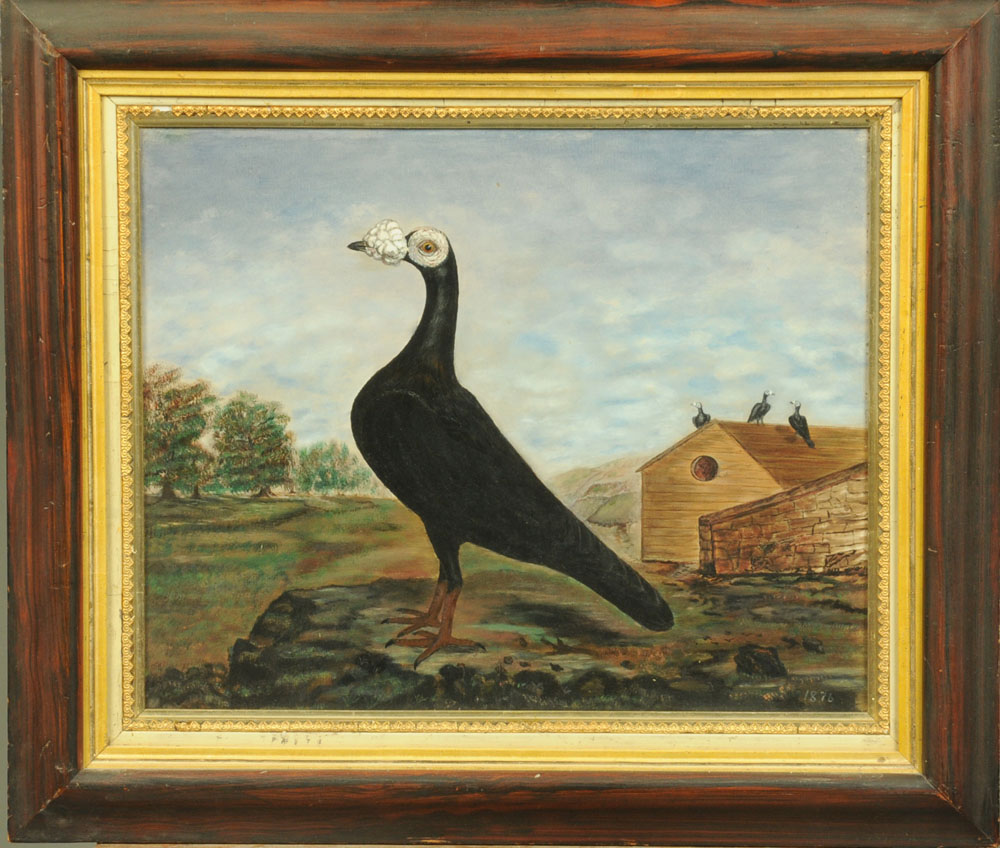 A 19th century Naive School - oil painting - portrait of a racing pigeon with pigeon loft and