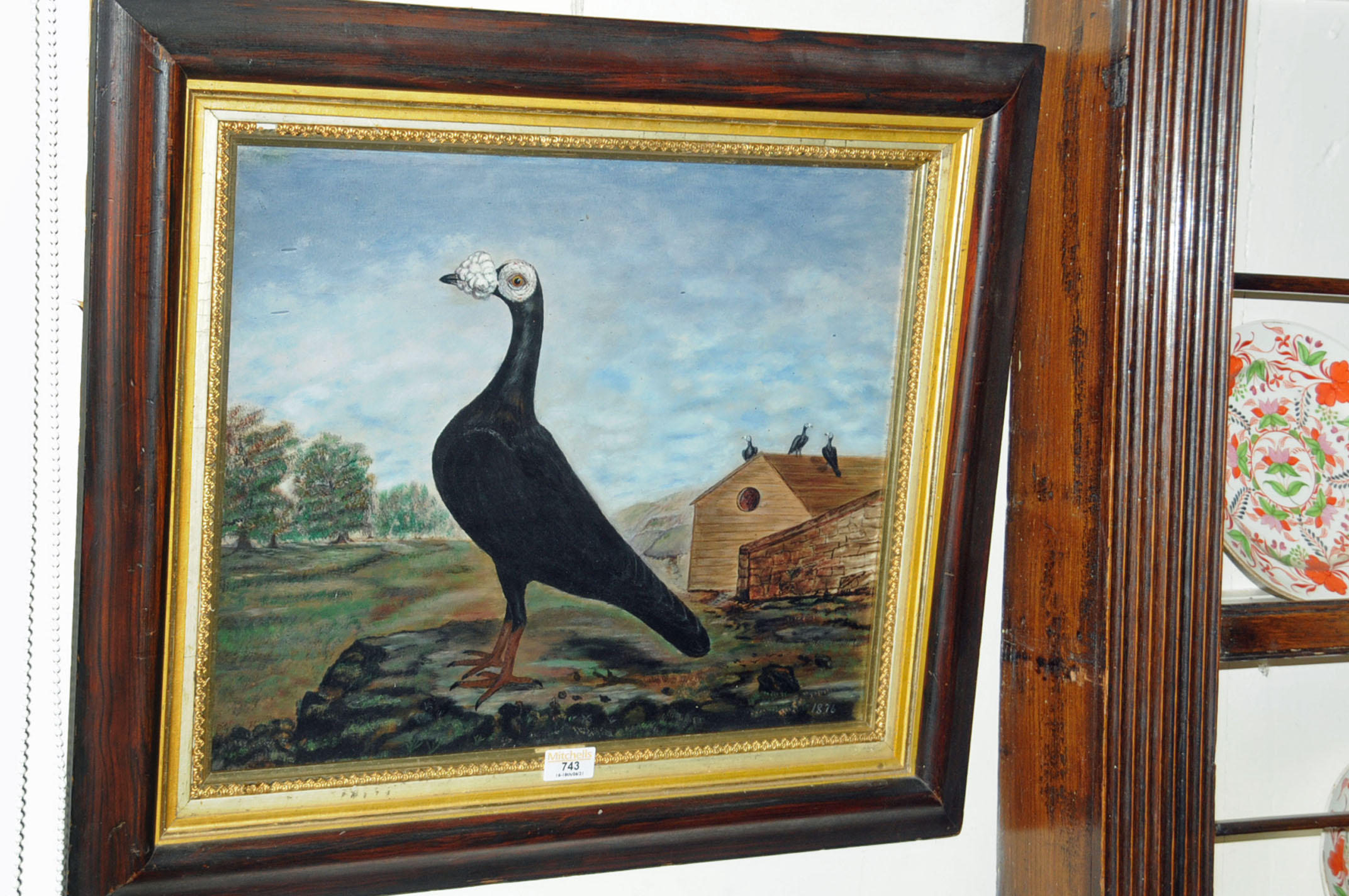 A 19th century Naive School - oil painting - portrait of a racing pigeon with pigeon loft and - Image 3 of 11