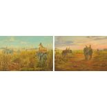 A pair of oil paintings on canvas, tiger hunting scenes. Each 43 cm x 67 cm, framed.