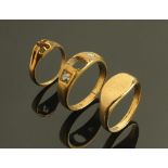 Three 18 ct gold rings, signet and two others with missing stones, gross weight 16.5 grams.