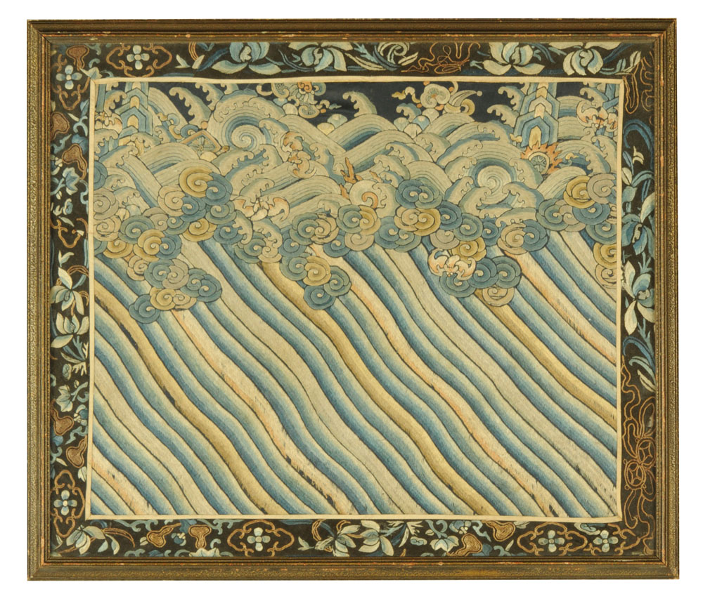 A 19th century Eastern silkwork embroidery, 47 cm x 55 cm, framed.